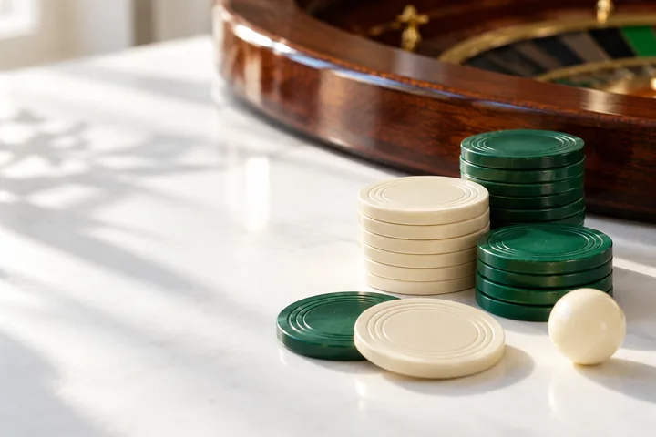 Ivory and green chips beside a roulette ball.